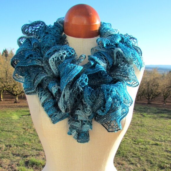 LACE SCARF, TEAL, SPARKLE GRAY, NAVY, TWISTED, SOFT & LONG - WRAP MANY WAYS! - Picture 4 of 6